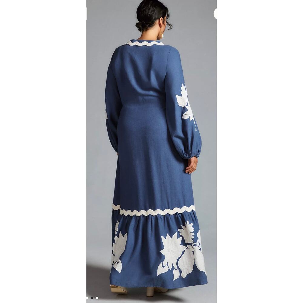 Farm Rio Flounce Blue & White Embroidered Linen-Blend Maxi Dress Pockets Size XS - Picture 7 of 14